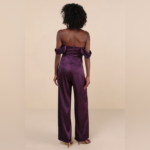 LULU’S Unbelievable Aura Dark Purple Satin Off The Shoulder Jumpsuit - Picture 4 of 5